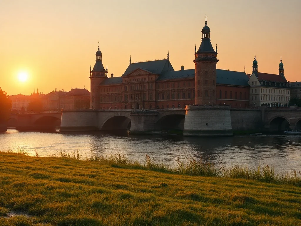 Majestatyczny Zamek Królewski na Wawelu o zachodzie słońca, widoczny znad brzegu Wisły.