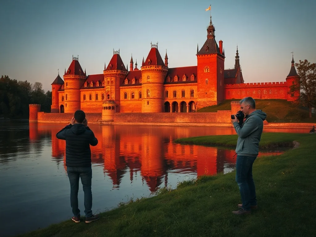 Fotograf uwieczniający majestatyczny zamek w Malborku nad brzegiem rzeki Nogat w świetle zachodzącego słońca.