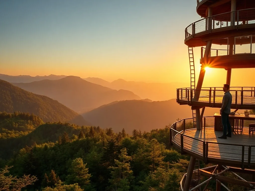 Mężczyzna na drewnianej wieży widokowej podziwia panoramę górskich szczytów o zachodzie słońca.
