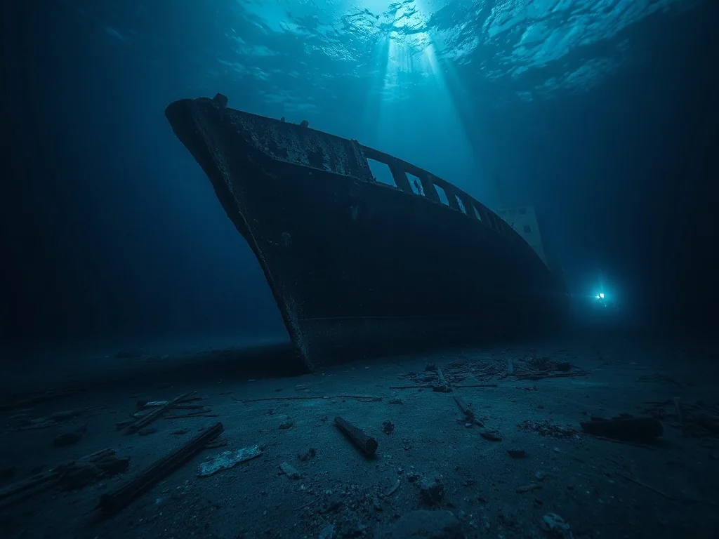 Zardzewiały dziób wraku Titanica spoczywający na dnie oceanu, oświetlony światłami łodzi podwodnej.